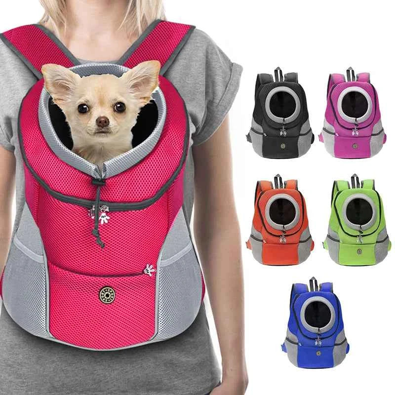 Breathable pet carrier backpack with mesh opening and zip front, pink and gray, dog face visible