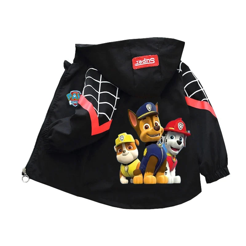 Kids Paw Patrol hooded windbreaker jacket, black with character graphic and zipper front