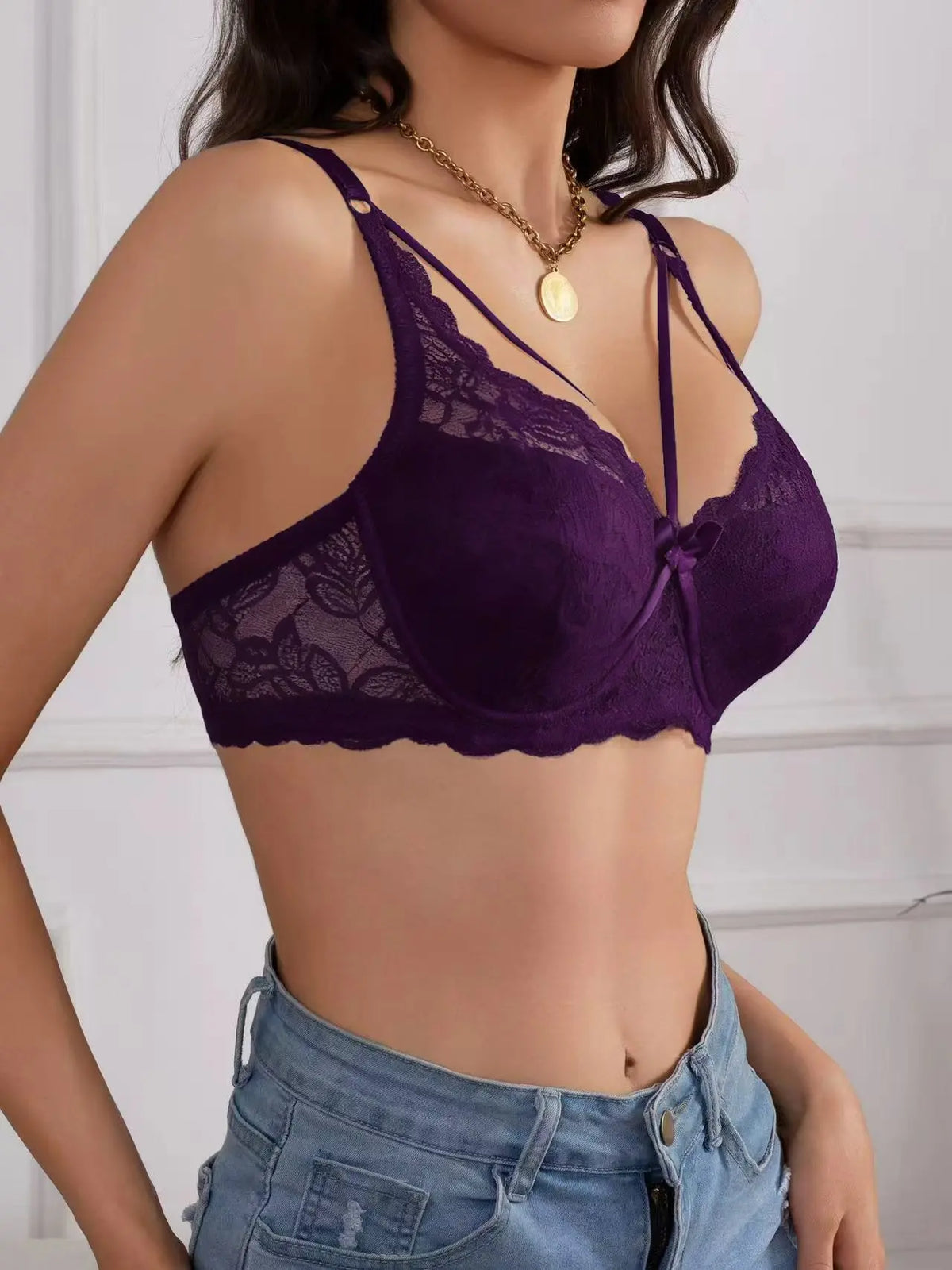 Purple lace underwire 3/4 cup bra with adjustable straps and lace overlay