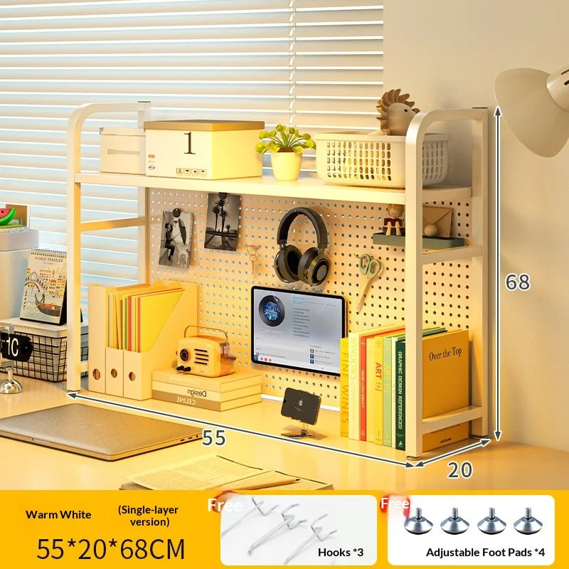 White iron multi-tier pegboard desk organizer with shelves and accessory hooks