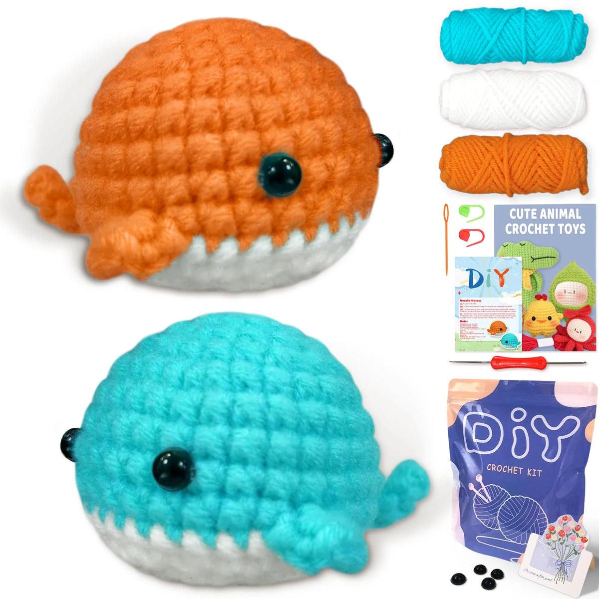 Crochet fish plush set in orange and teal with matching yarn bundles