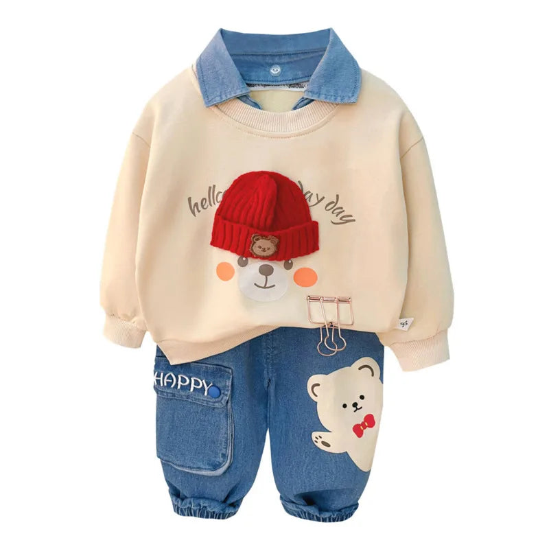 Beige sweatshirt with red beanie bear graphic and blue denim jogger pants set