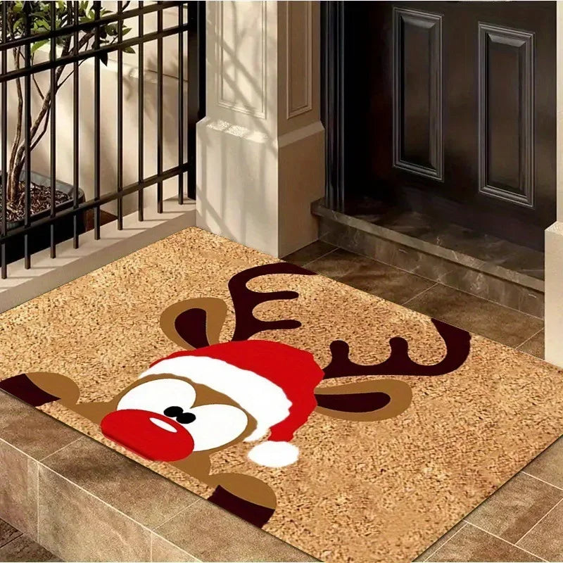 Cork-brown doormat with red-and-white reindeer illustration