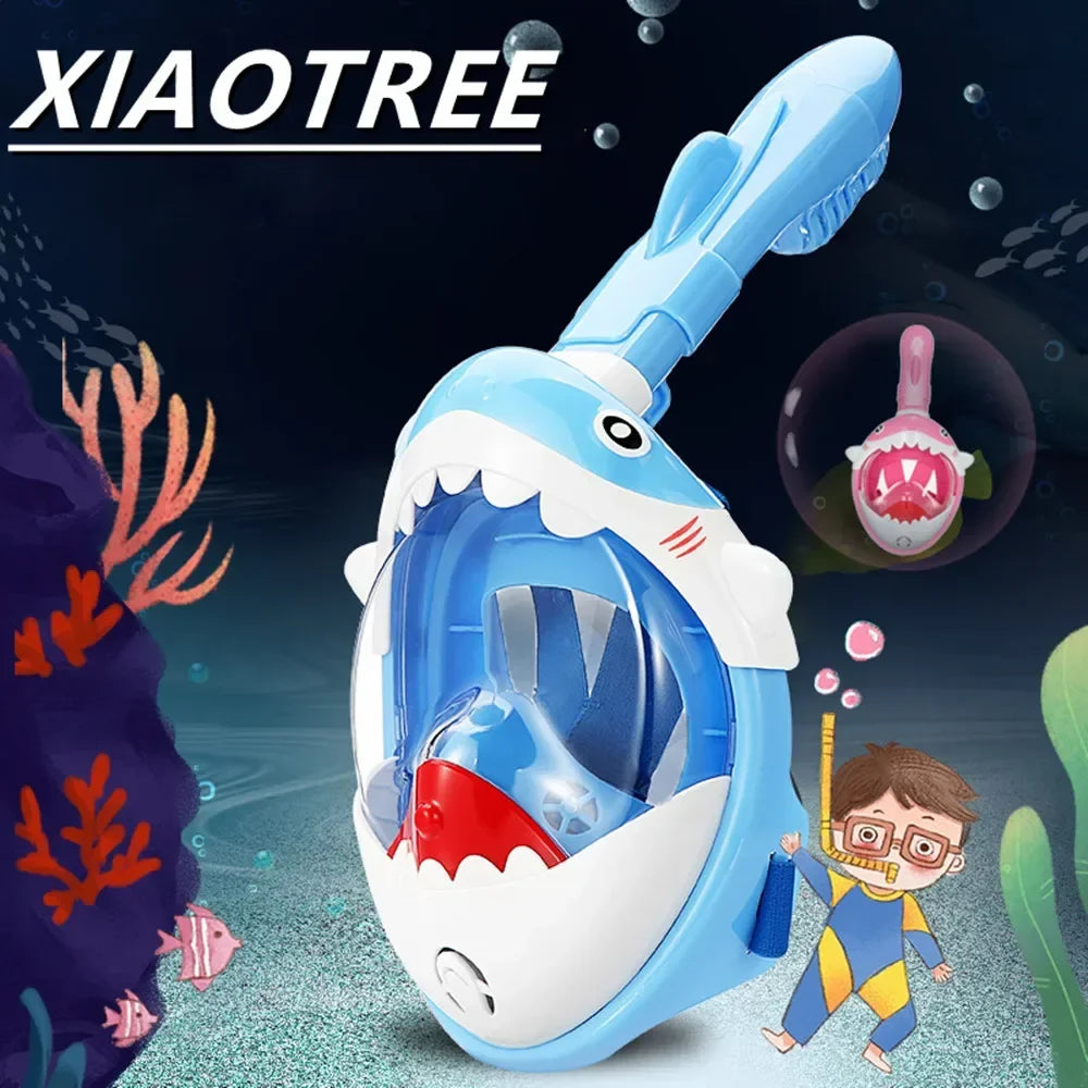 Kids blue full-face snorkel mask with curved mouth cover and clear anti-fog visor