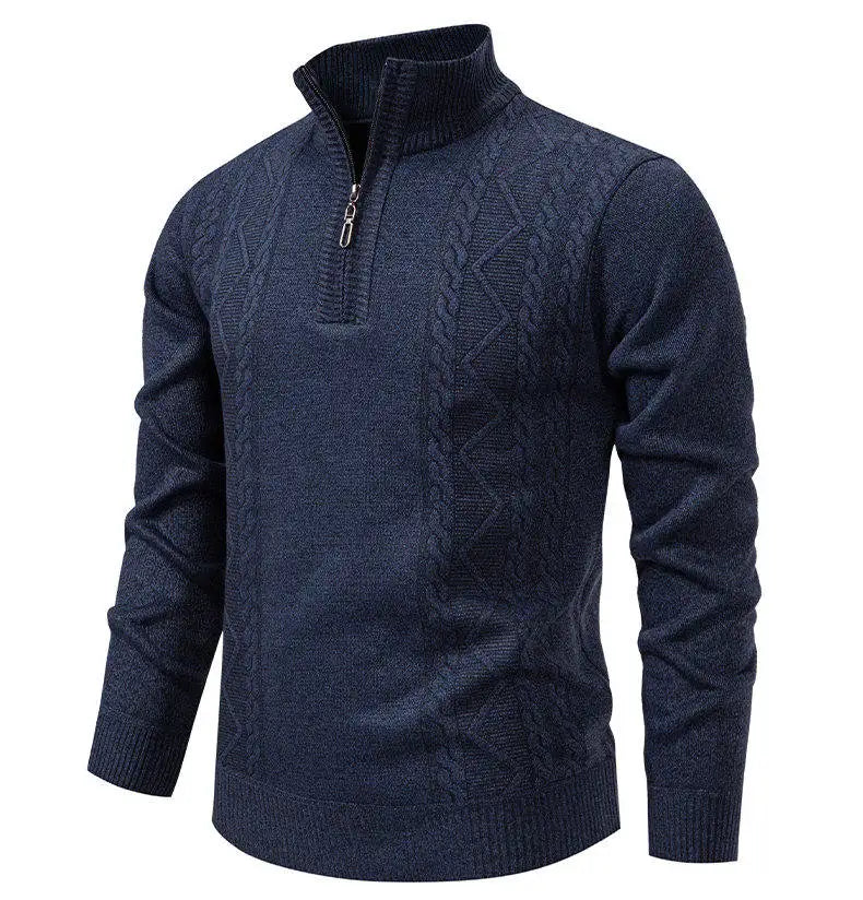Men's knit pullover sweater, navy blue, stand collar half-zip with textured pattern