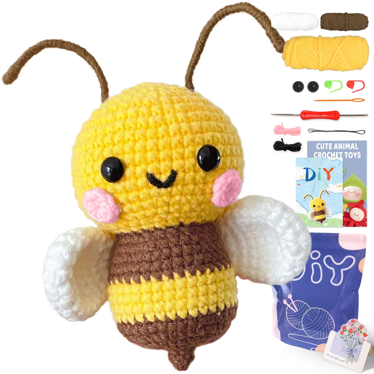 Crocheted yellow chick plush with brown overalls and included yarn, tools, and kit pack