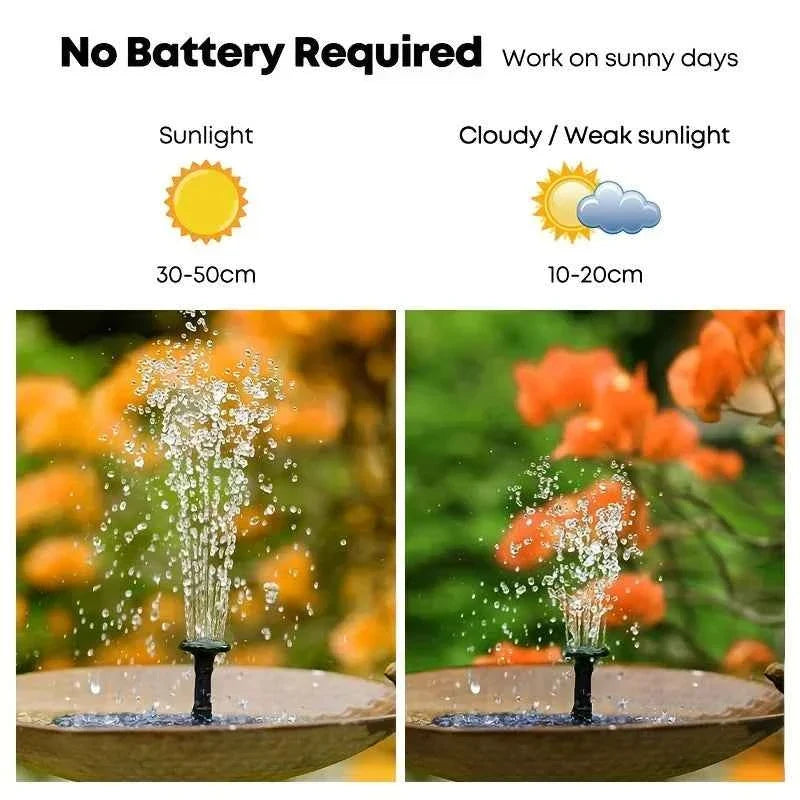 Solar fountain pump spraying water outdoors with a standing nozzle