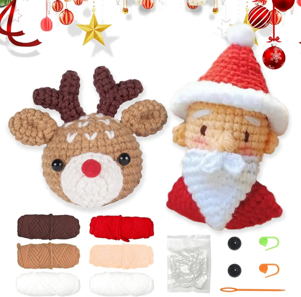 Crocheted holiday animal and character plush set with yarn balls and small accessories