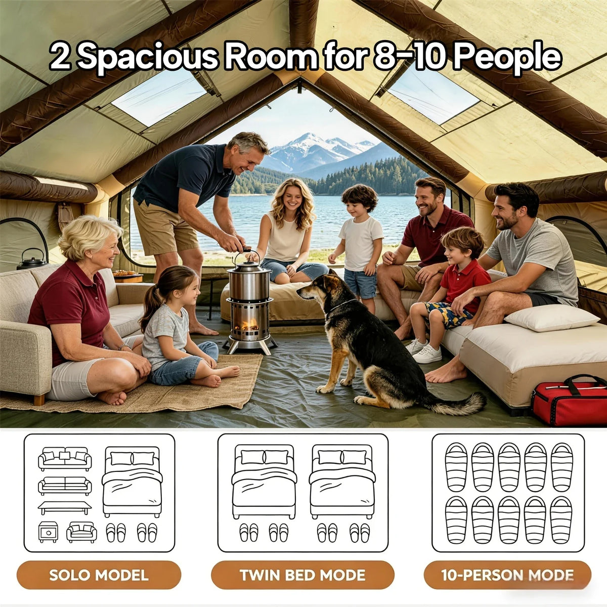 Inflatable camping tent interior with open skylight windows, sofa seating, and mesh panels
