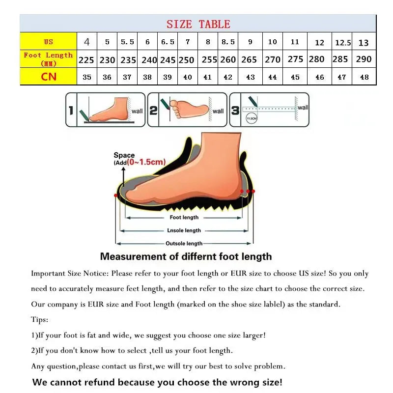 Shoe size chart with foot length measurements and size table