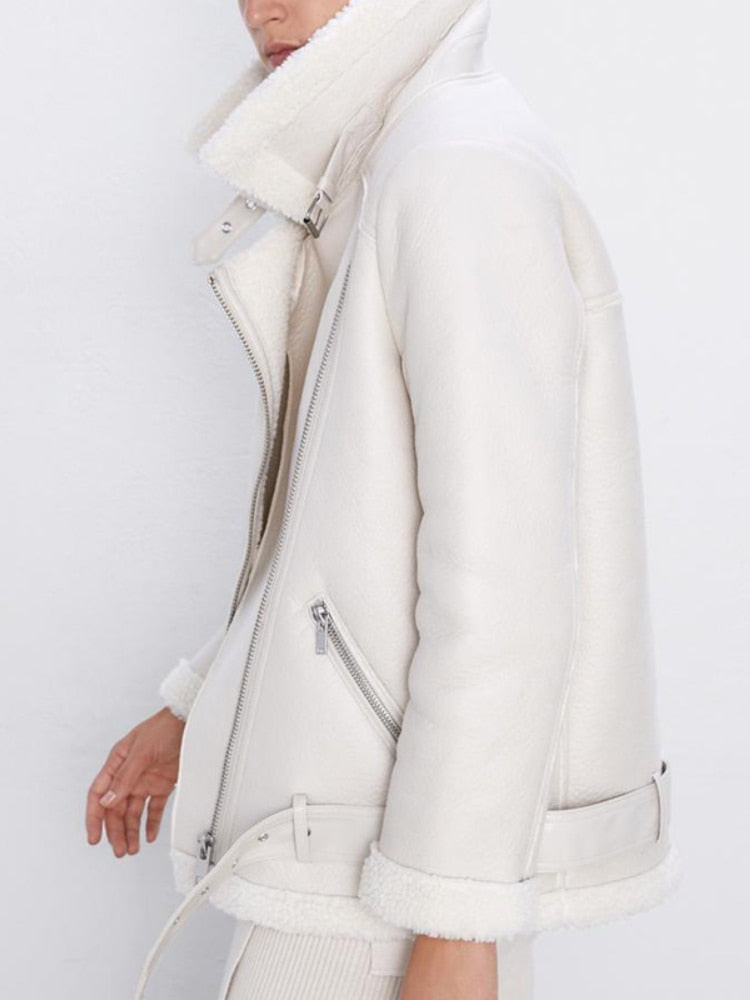Cream faux lamb leather moto jacket with front zip and shearling cuffs, side view