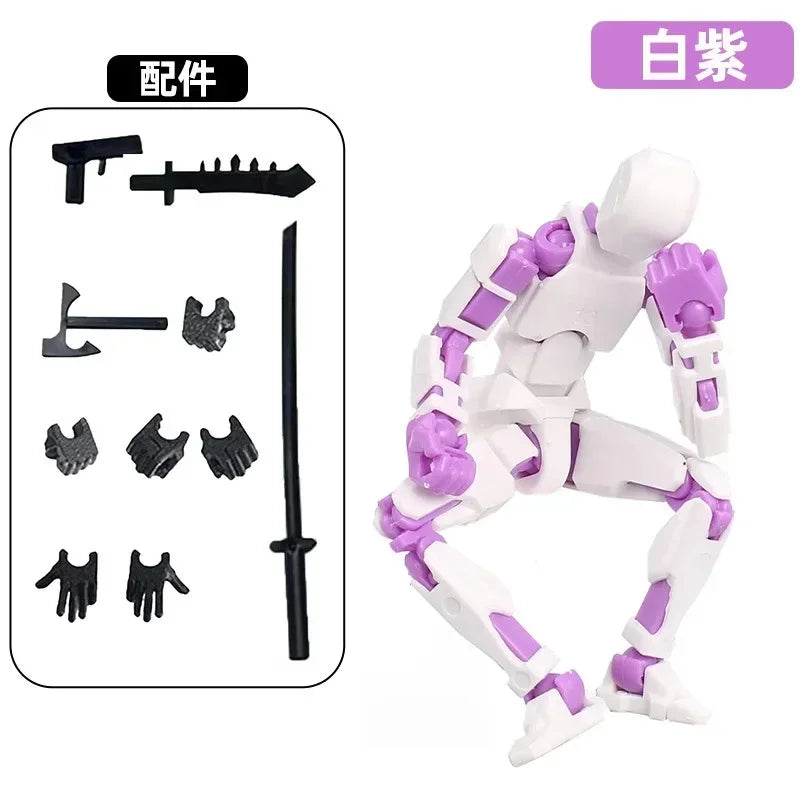 Multi-jointed robot action figure with purple and white accessories, full-body pose.