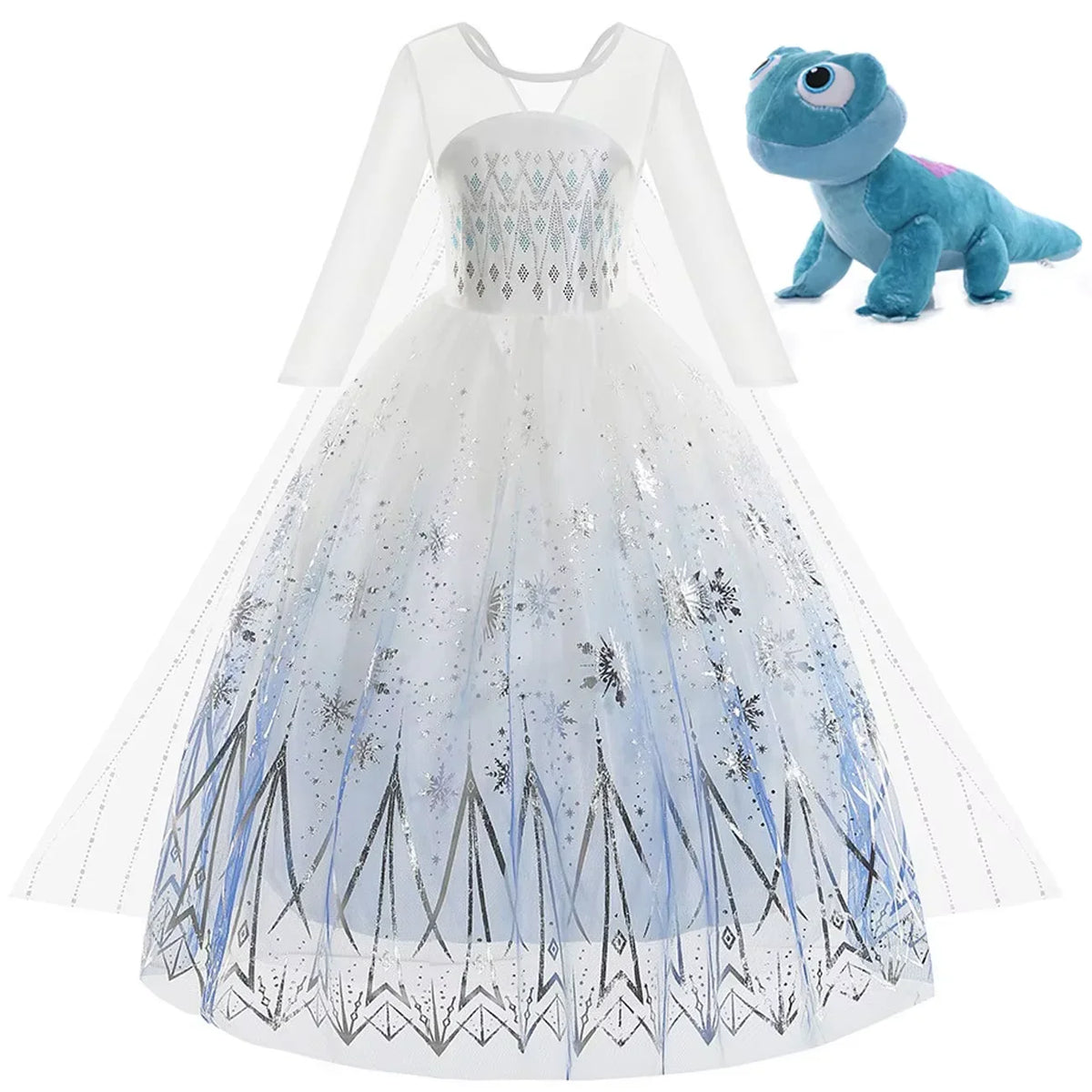 Girls white tulle princess dress with blue print and sheer sleeves, plus plush toy