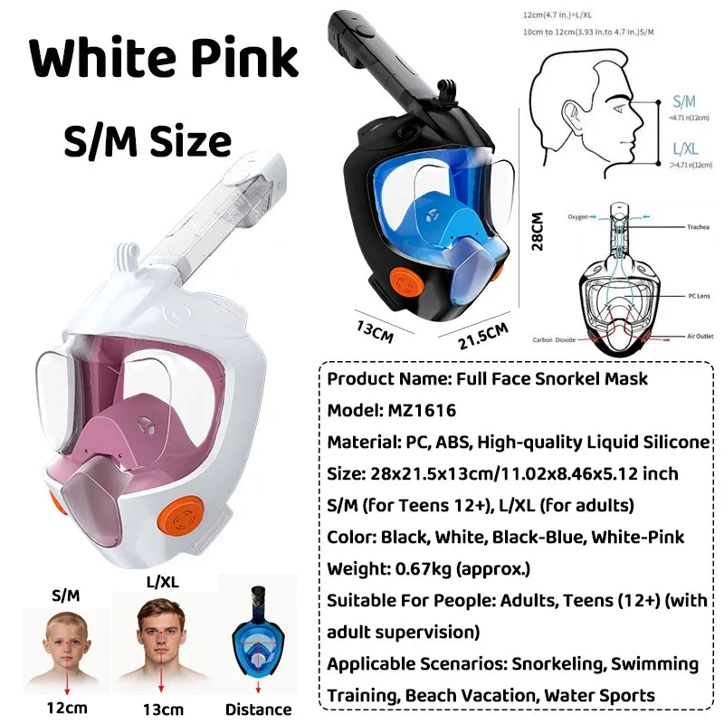 Full face snorkel mask, white-pink frame with pink-tinted visor, S/M size