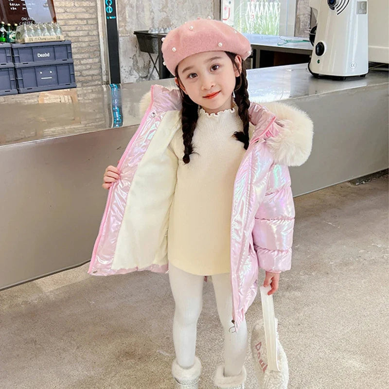 Girls hooded puffer coat with faux fur hood trim and zipper, iridescent pink.