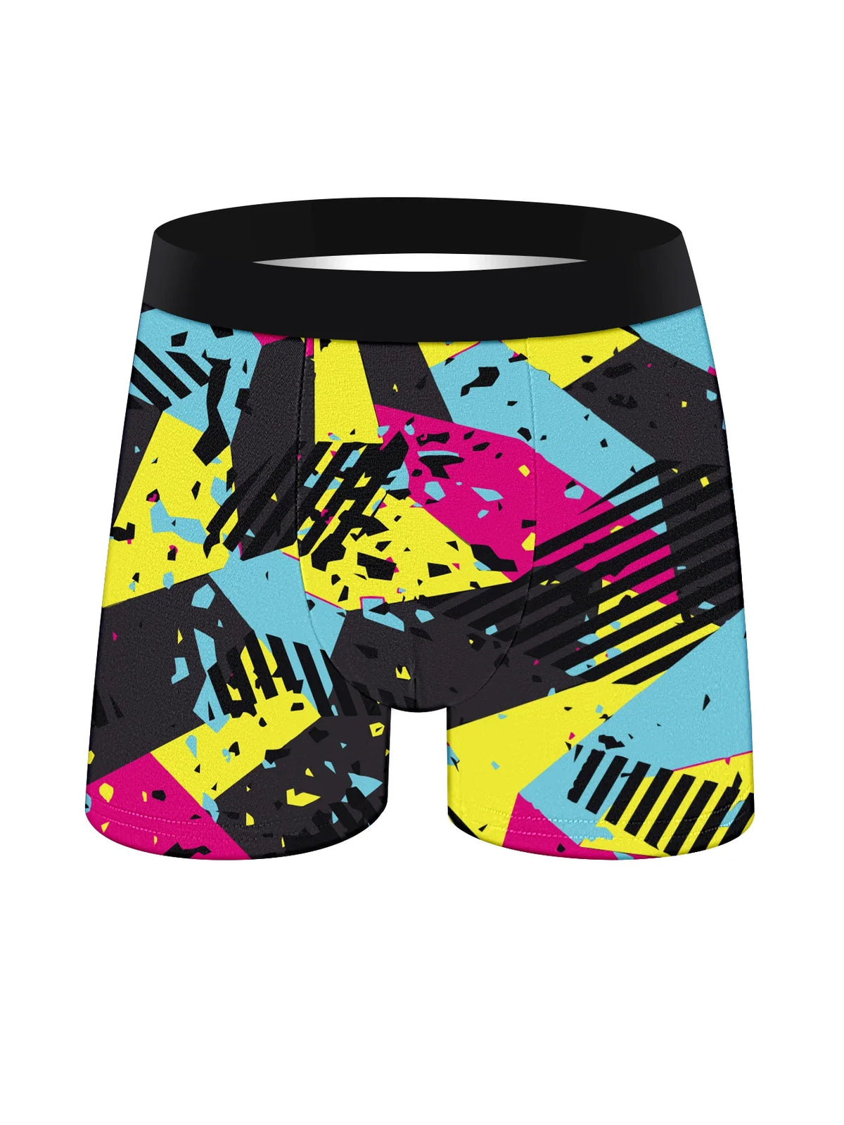 Men's boxer briefs with yellow, pink, and blue abstract graffiti, black waistband