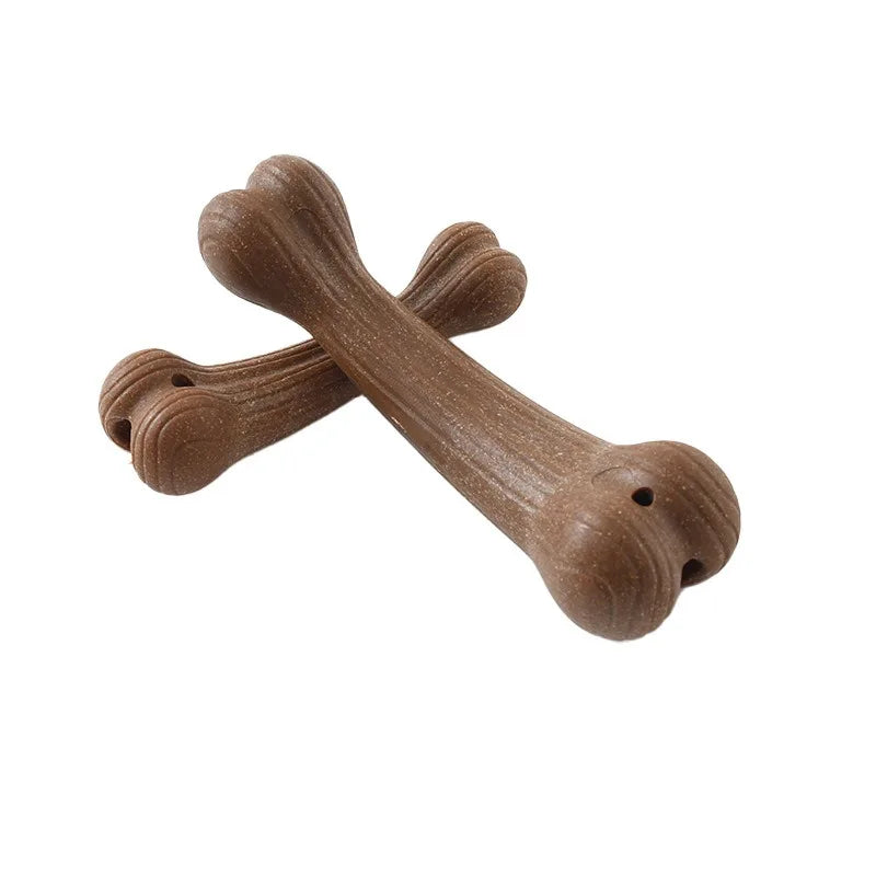 Dark brown pet teeth grinding chew bone with textured grain and small hole
