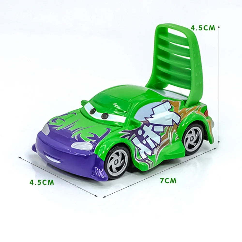 Green and purple diecast racing car toy with open driver seat