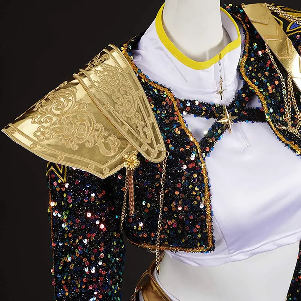 Gold shoulder piece with ornate trim on black-and-gold sequin jacket over white top