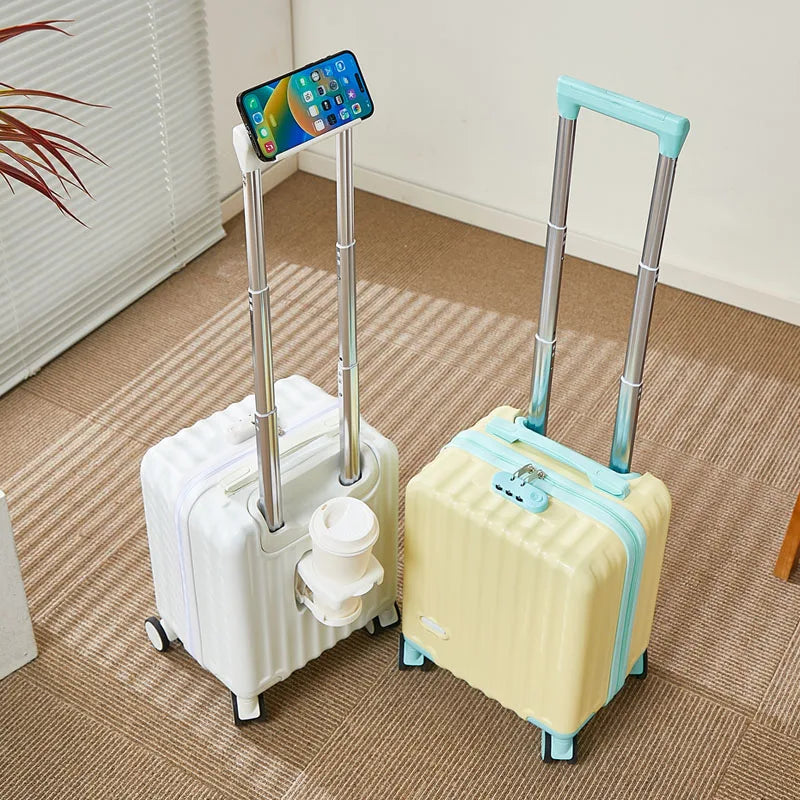White and yellow 14-inch carry-on suitcases with phone and cup holders on wheels