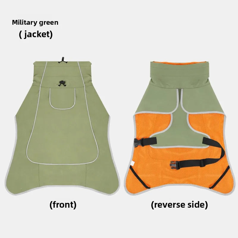 Military green dog jacket front and reverse with orange contrast panels