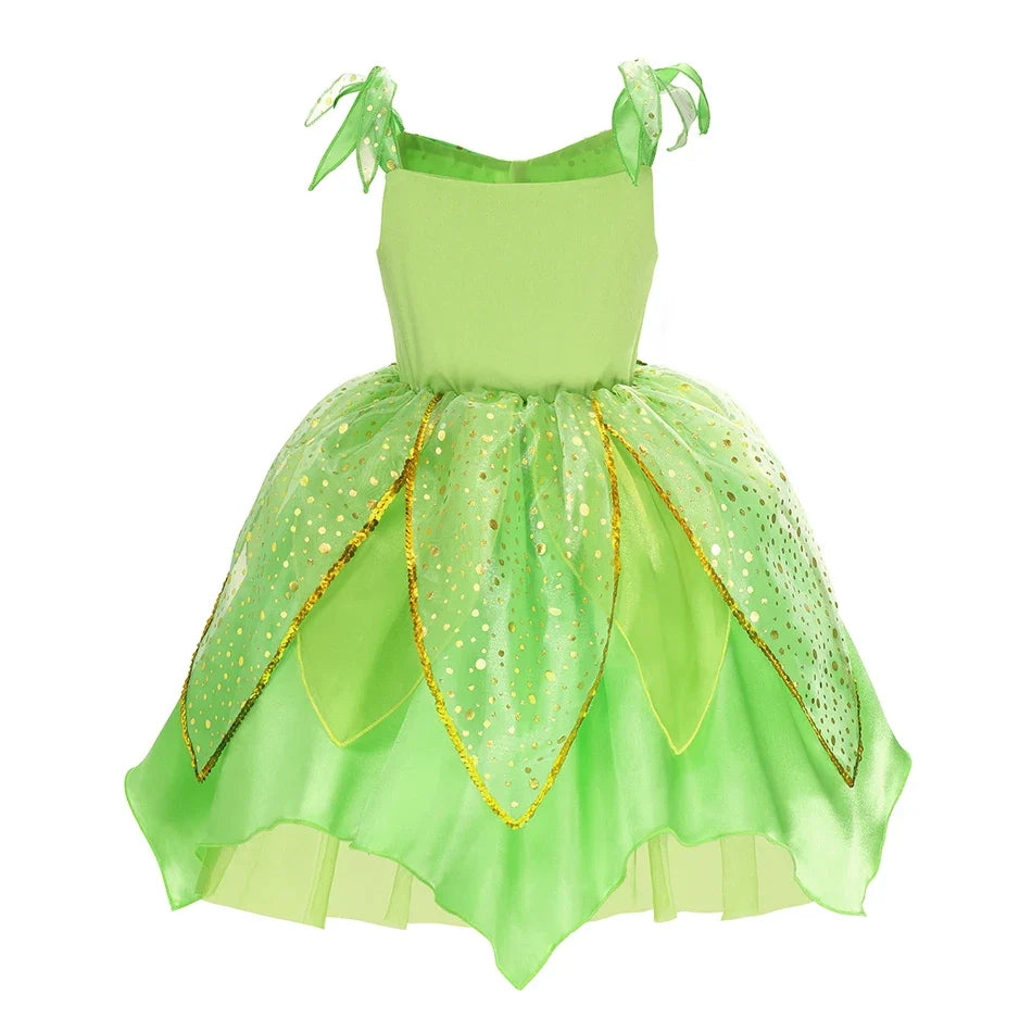 Kids green fairy princess dress back view with bow straps and layered tulle skirt