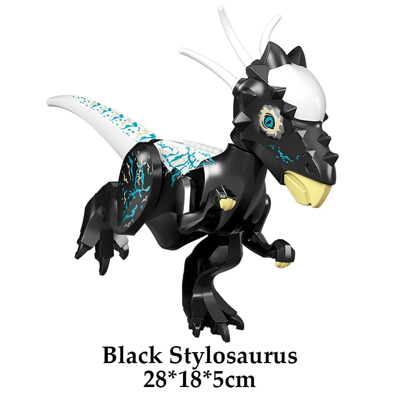 Black stylosaurus building block dinosaur with blue splatter, long finned tail