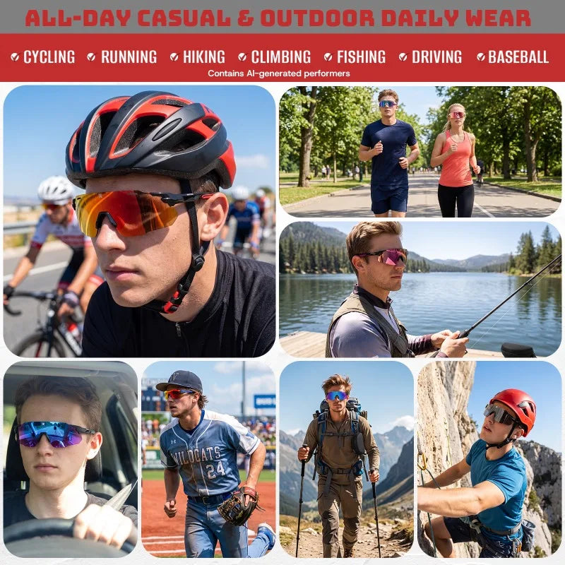 Cycling sunglasses with mirrored lenses worn for biking, running, hiking, and fishing