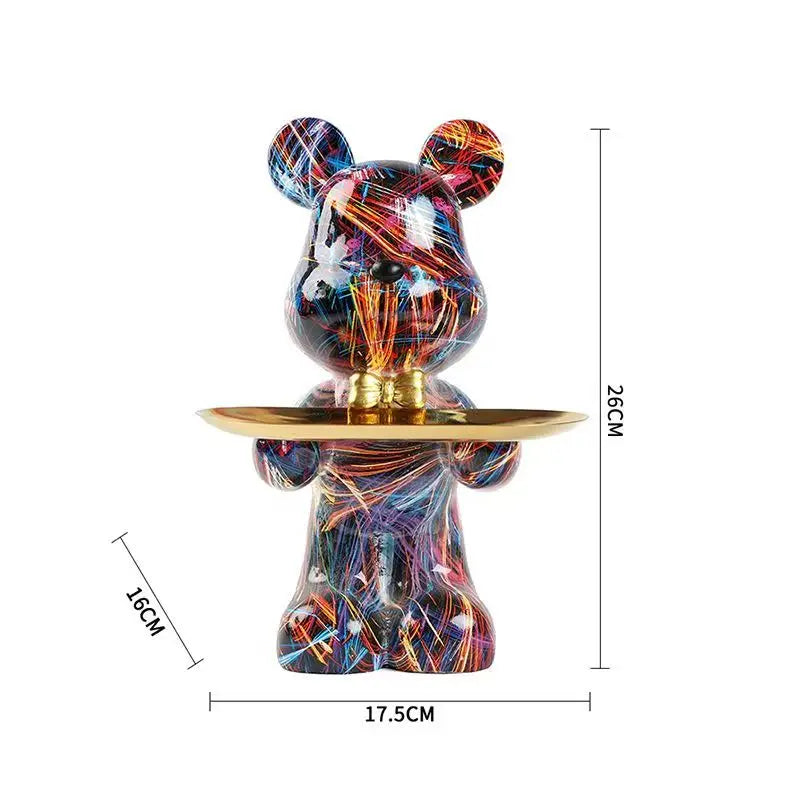 Multicolor graffiti resin bear statue with gold tray; about 26cm tall