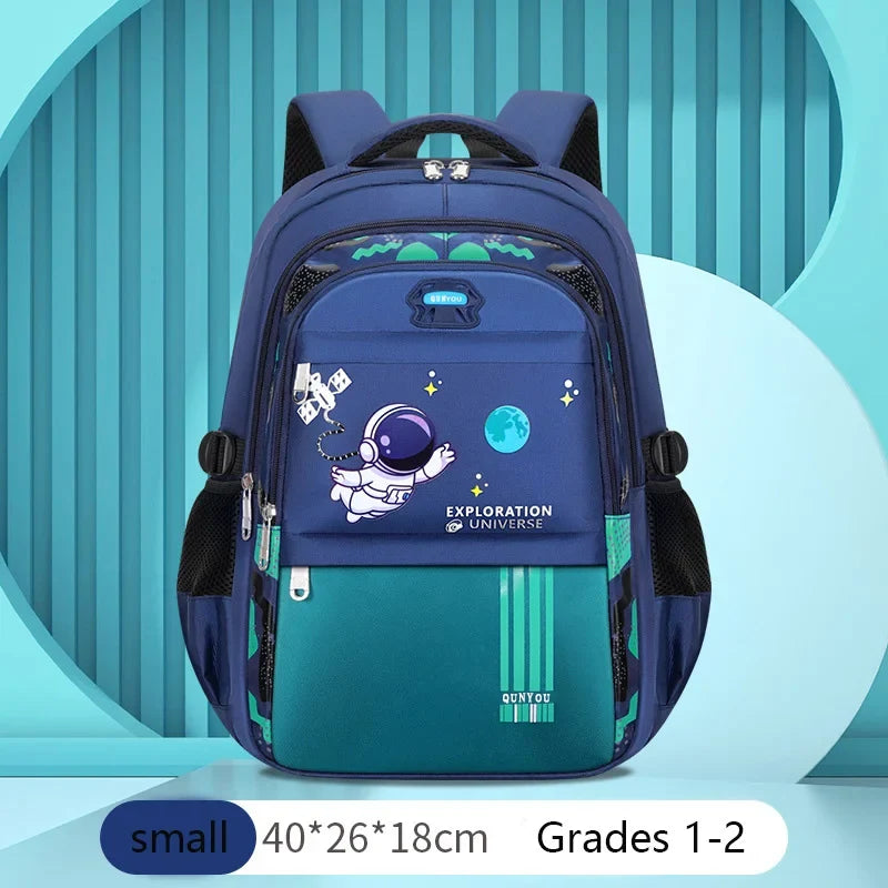 Kids astronaut school backpack, small size, navy blue with front graphic and zip pockets