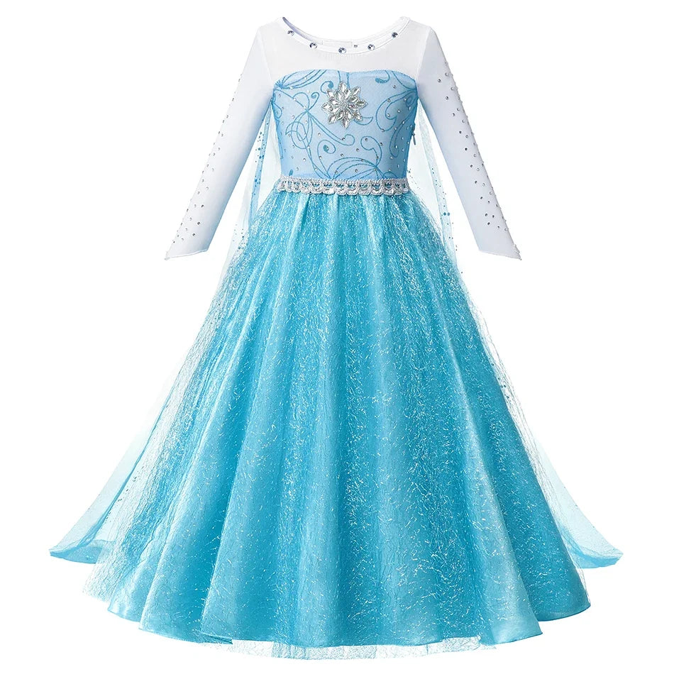 Ice Queen princess dress with white mesh long sleeves and sparkling light-blue tulle skirt