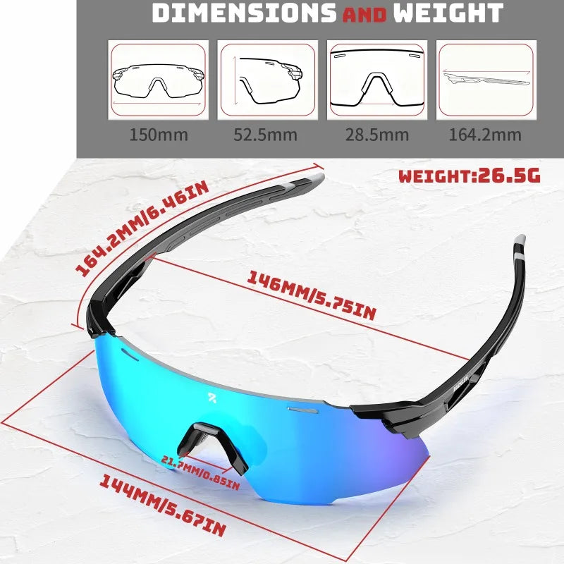 Sports cycling goggles with black frame and blue mirrored lens, side view