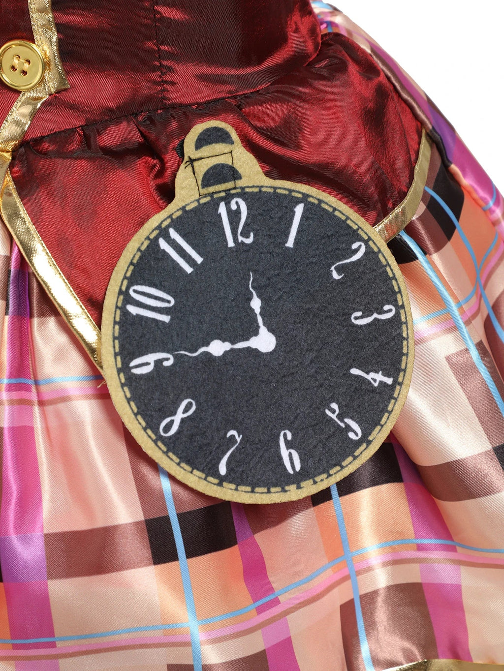 Clock applique on burgundy satin bodice with gold trim and plaid skirt for girls