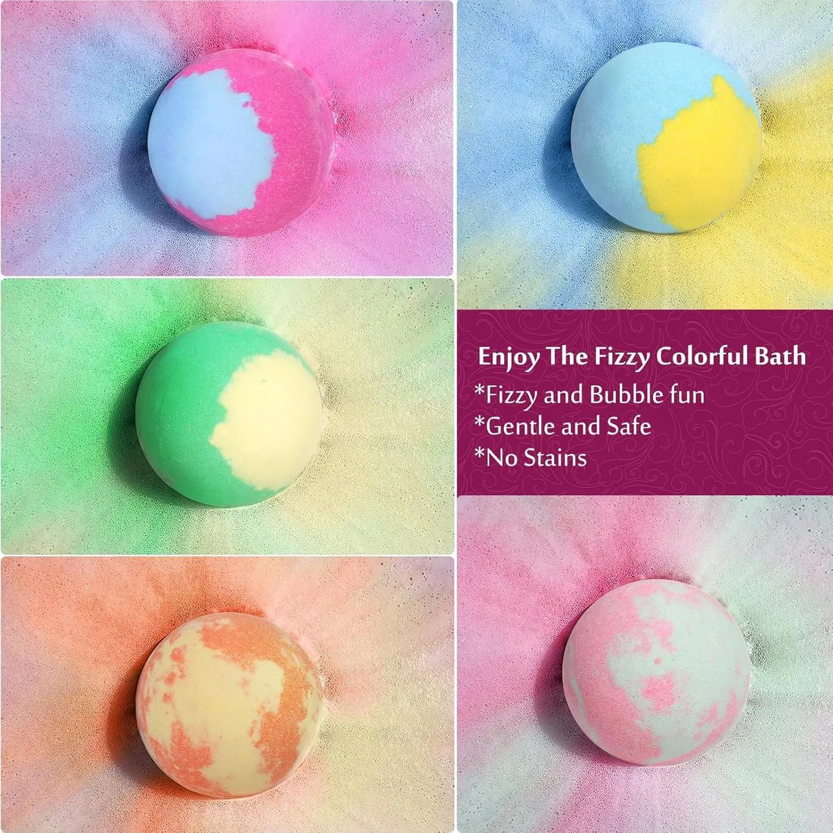Assorted round bath bomb balls with rainbow-colored center swirls