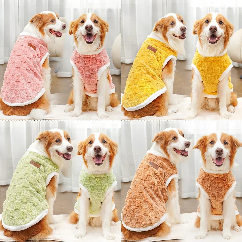 Color assortment of fleece dog pullover sweaters in pink, brown, green, and yellow
