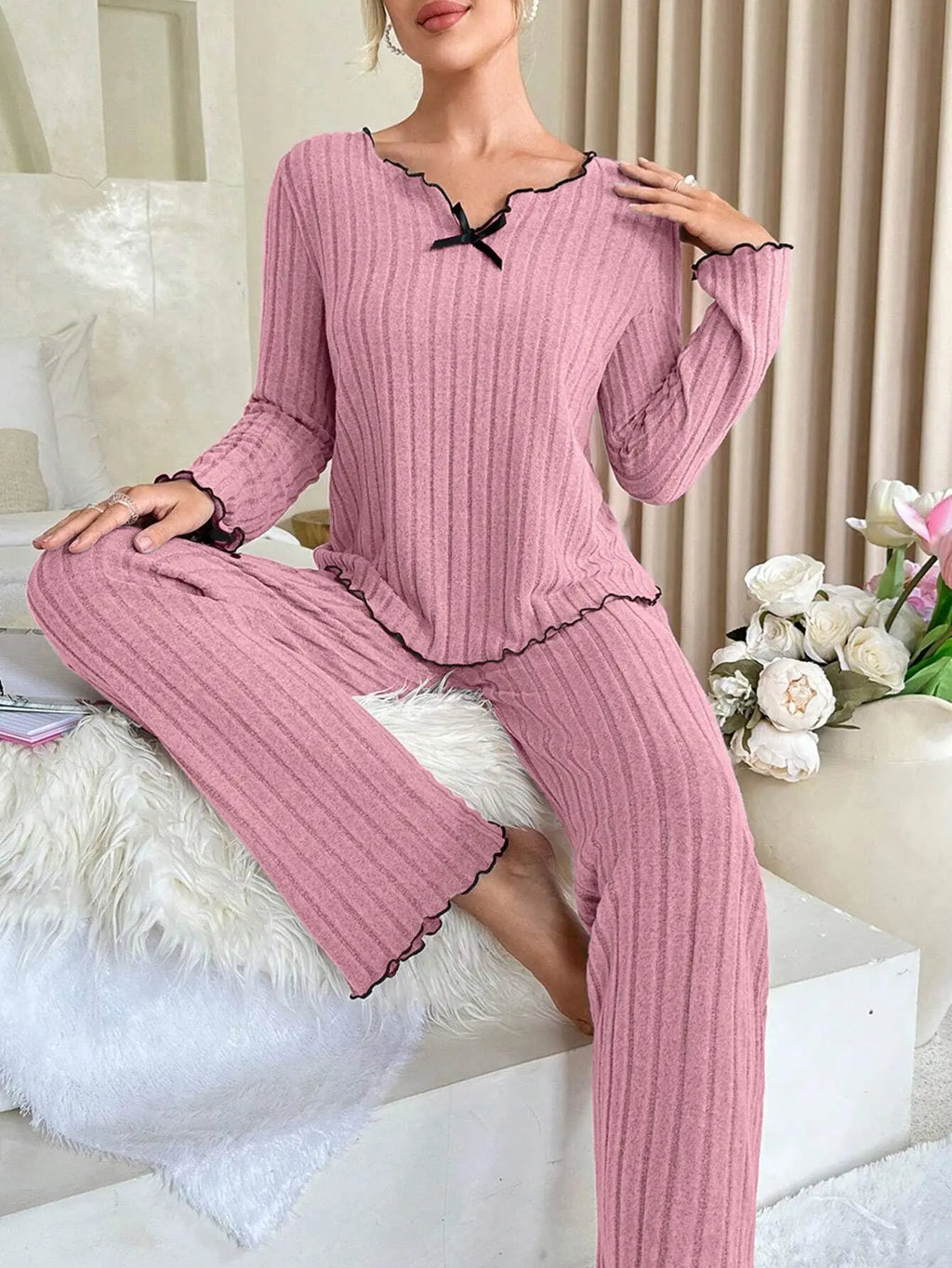 Women’s long-sleeve pajama set in mauve rib knit with scallop-trim neckline and pants
