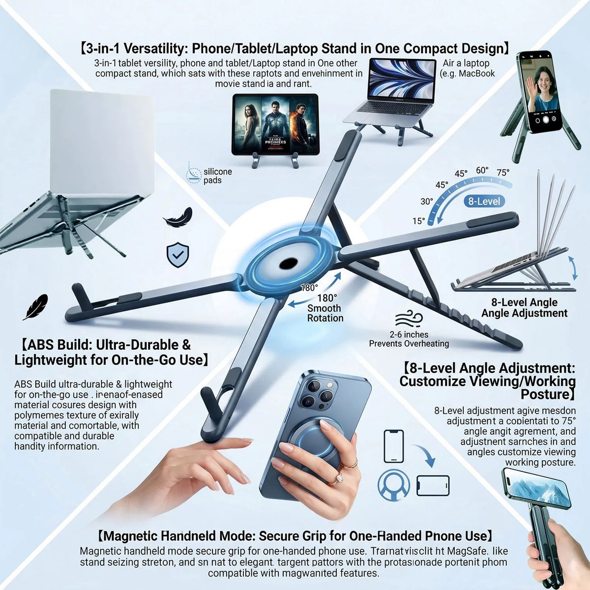 Gray 3-in-1 magnetic stand with circular hub, adjustable arms, smartphone in hand