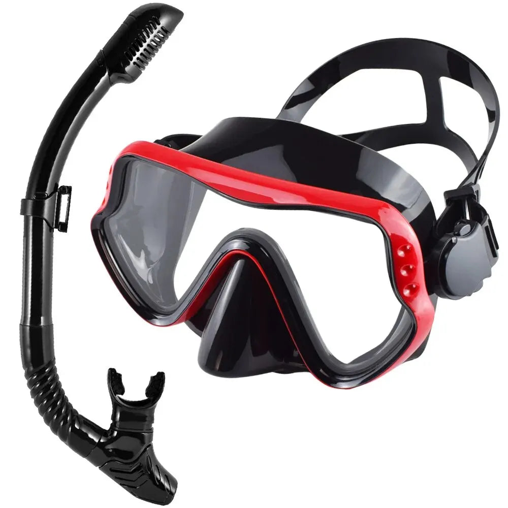 Red and black adult snorkel mask set with panoramic tempered glass lenses and dry snorkel