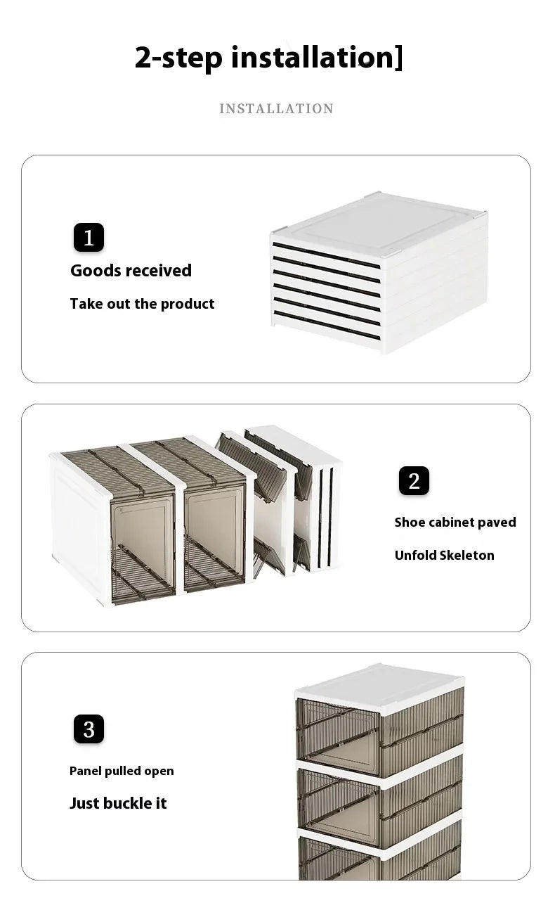 Foldable clear plastic shoe storage bin with 2-step installation instruction panels