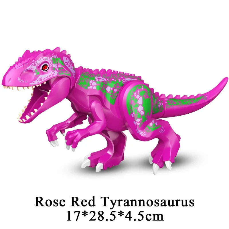 Pink and green dinosaur building block figure with detailed scales and long tail