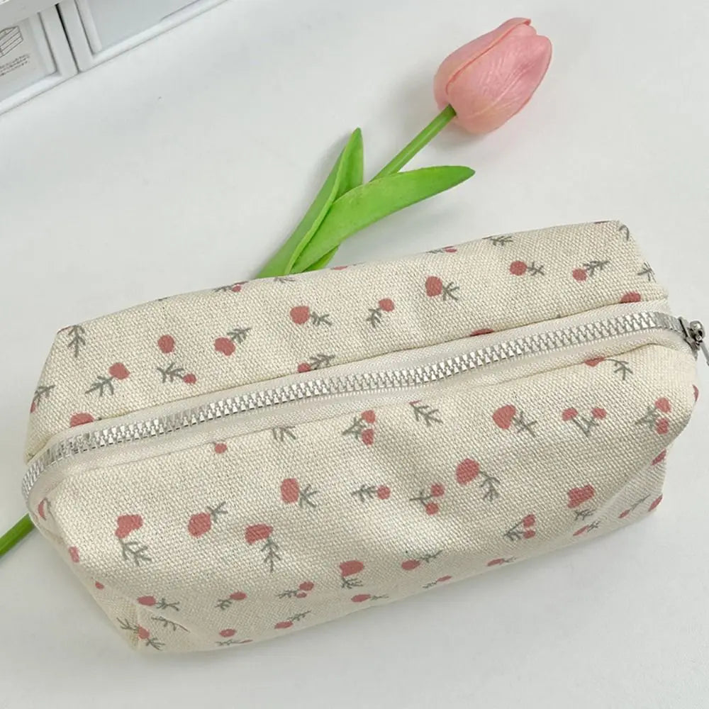 Canvas pencil pouch with zipper, cream base with red floral sprig pattern