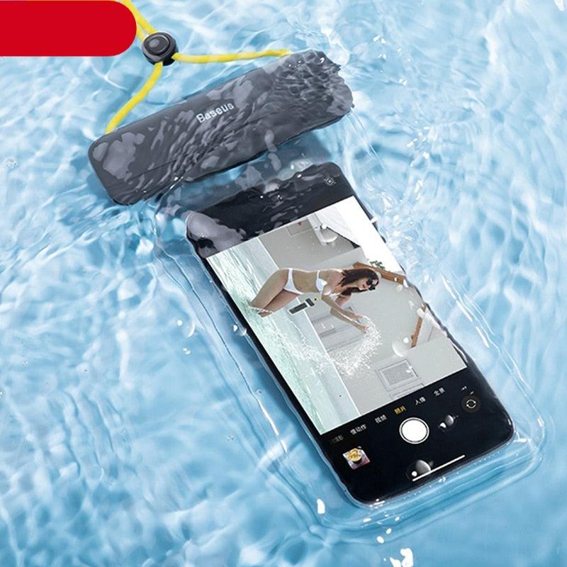 Clear waterproof phone pouch case with dark top, yellow lanyard, phone visible inside