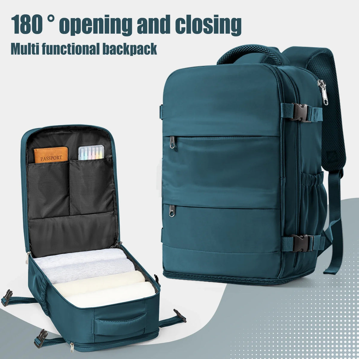 Teal blue travel backpack with open front compartment and adjustable shoulder straps