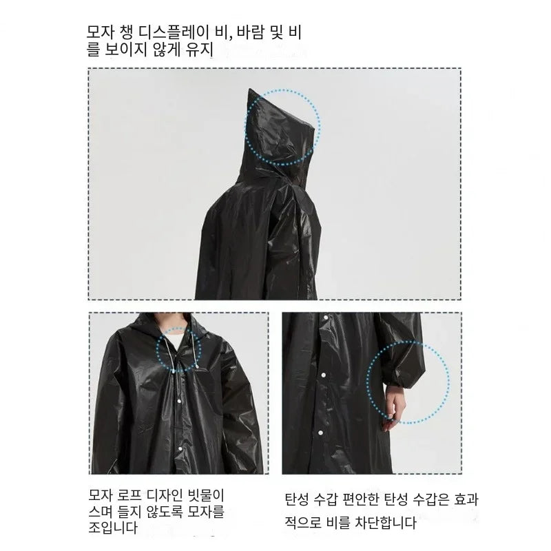 Black hooded raincoat with snap-front buttons and adjustable hood detail