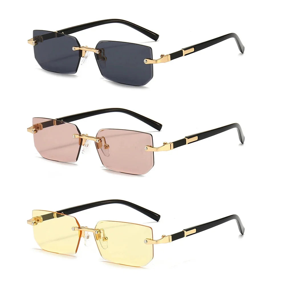 Three rimless square sunglasses set: dark blue, rose pink, and yellow lenses with black arms.