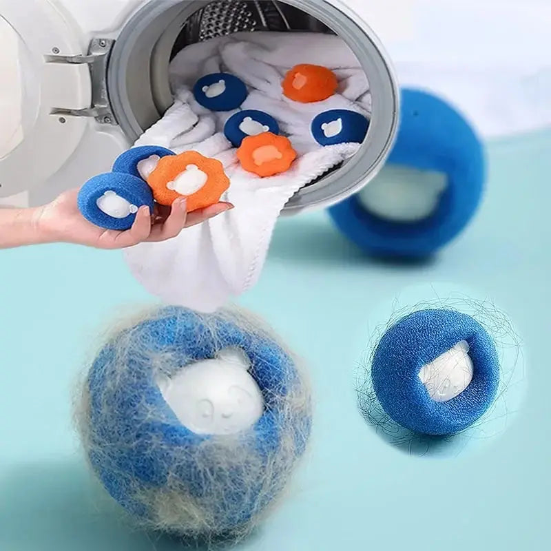 Laundry pet hair remover balls in washer, blue and orange plush bear design