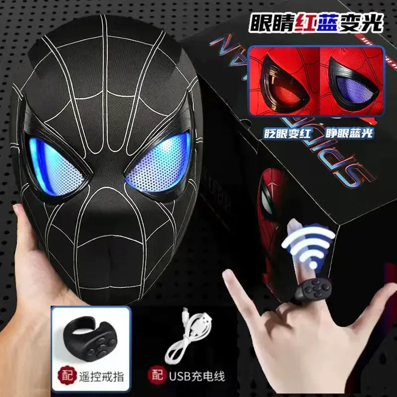 Black Spider-Man electronic mask with blue glowing mesh eyes and remote