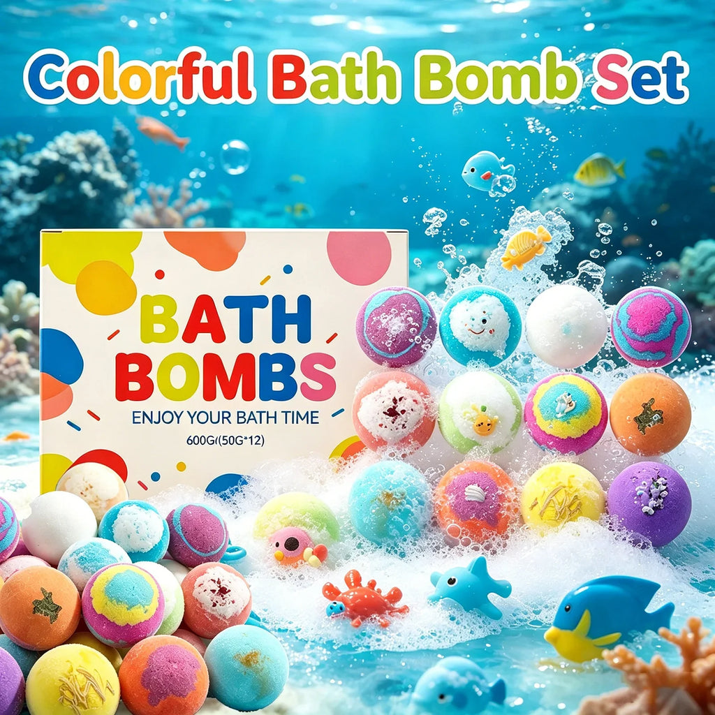 Colorful bath bomb set with surprise sea-animal toys and swirling foam