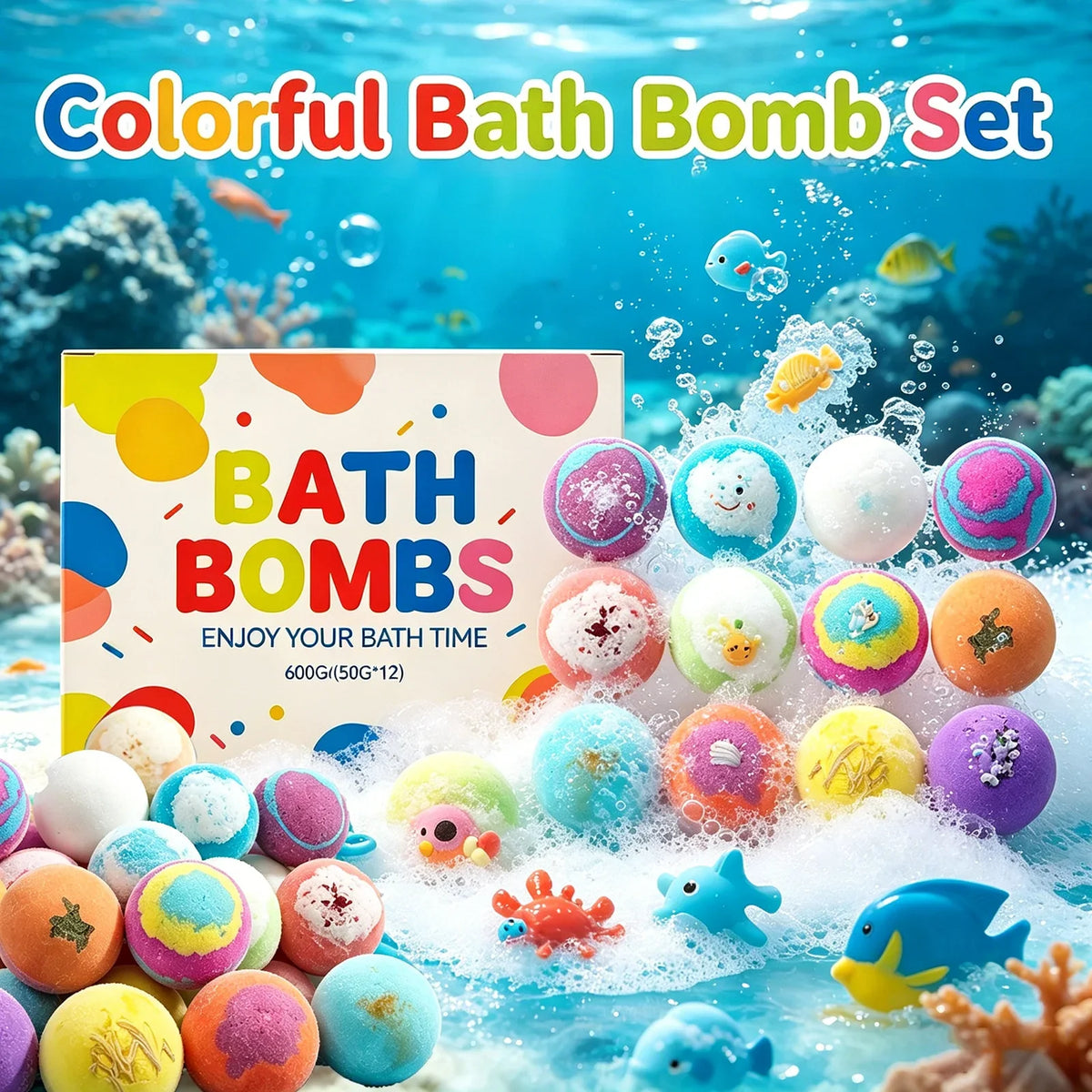 Colorful bath bomb set with surprise sea-animal toys and swirling foam