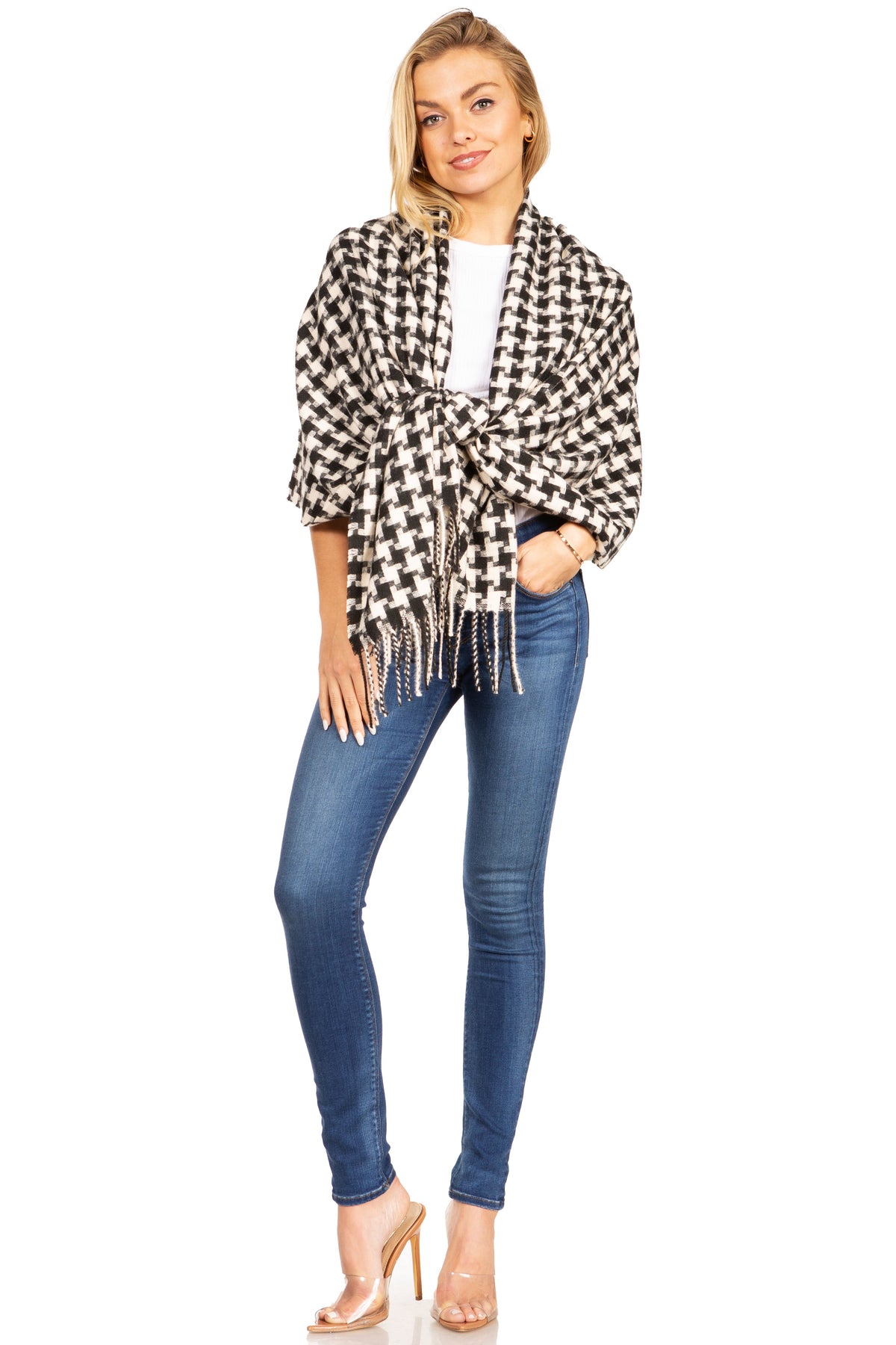 Black-and-white houndstooth pashmina wrap scarf with fringe and tied front